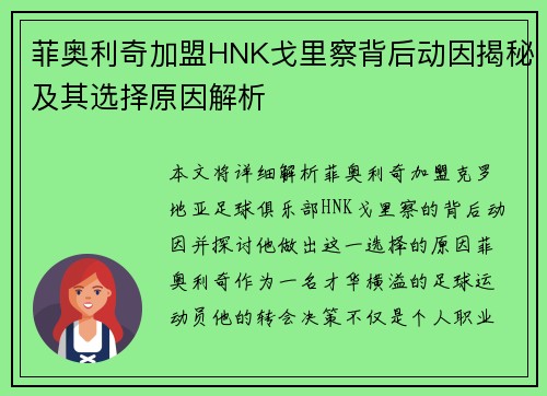 菲奥利奇加盟HNK戈里察背后动因揭秘及其选择原因解析