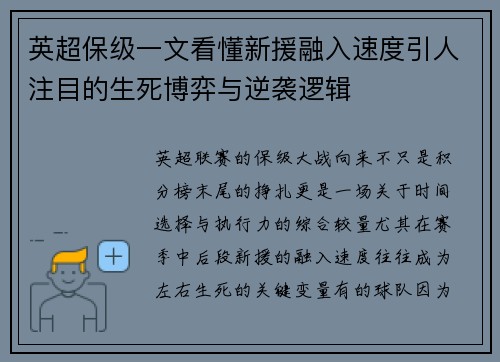 英超保级一文看懂新援融入速度引人注目的生死博弈与逆袭逻辑 英超保级一文看懂新援融入速度引人注目的生死博弈与逆袭逻辑